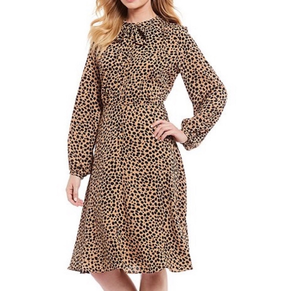 Gibson Latimer Beige Leopard Print Neck Tie Dress Women’s Size 6 EUC Classic